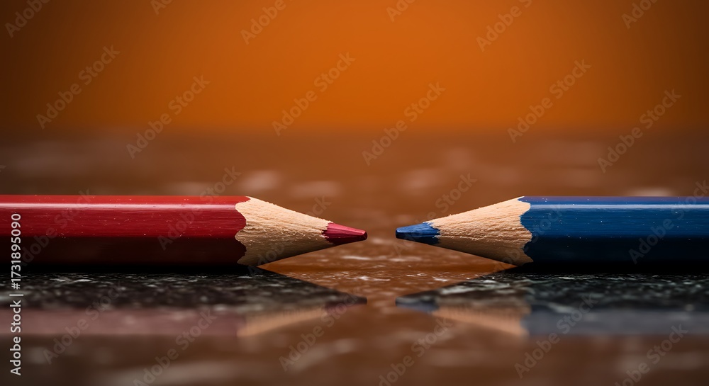 Obraz premium Two Sharpened Colored Pencils, Red and Blue, Facing Each Other on a Reflective Surface