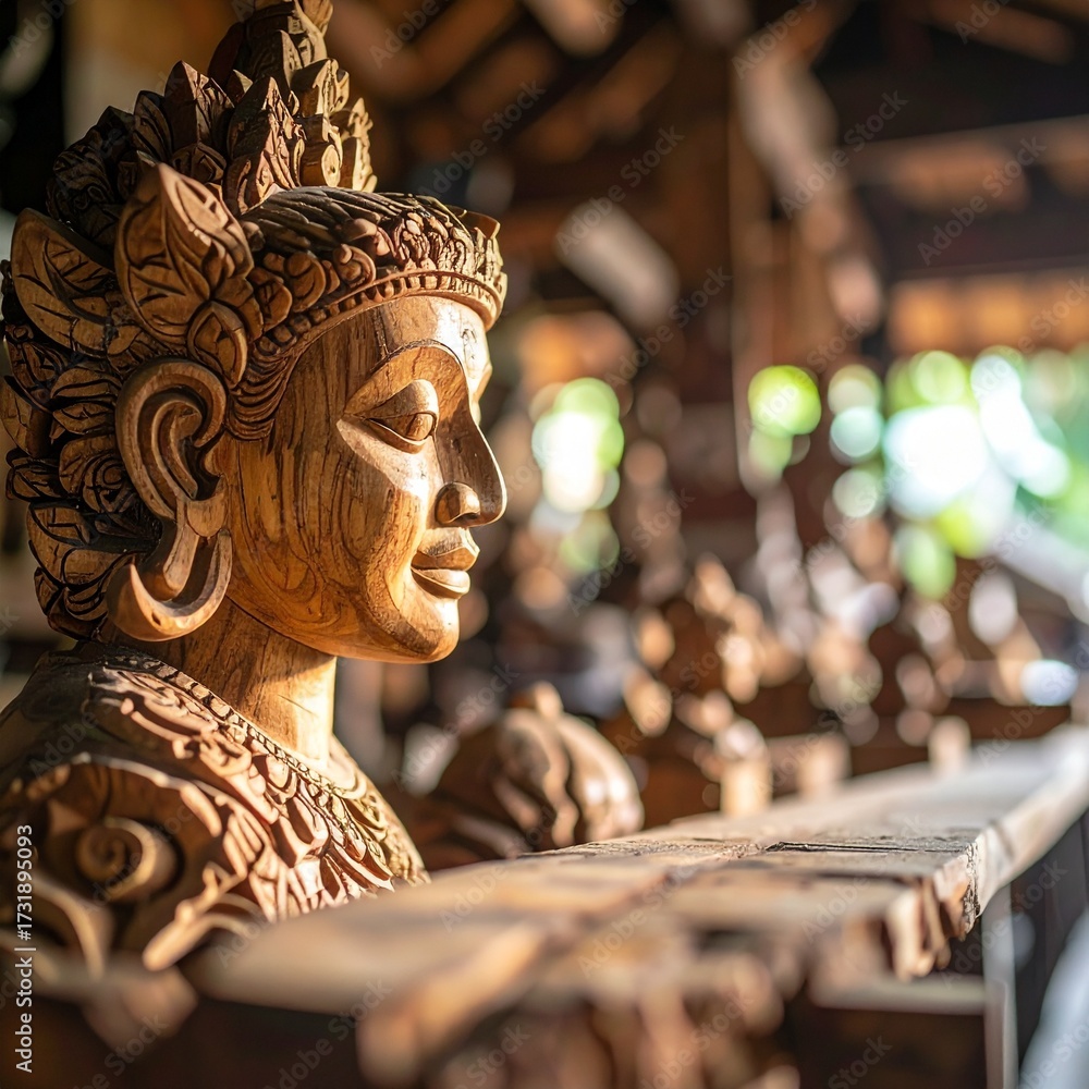 Obraz premium Close-Up Of Balinese Wooden Sculpture Hand-Carved With Intricate Details In Artisan Workshop