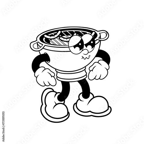 Retro character design of sad barbecue grill outline