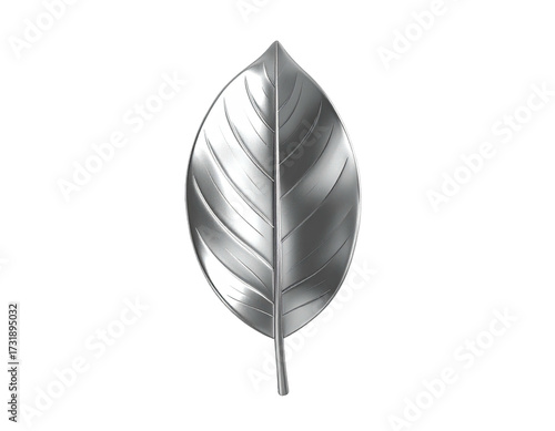 A glossy, silver leaf with detailed veins against a black background