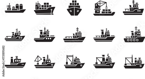 Set of various ship and boat icons simple flat vector glyph design isolated on white background for web and mobile apps