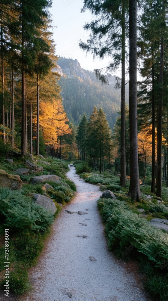 Obraz premium Scenic Hiking Trail Winding Through Forest With Trees And Mountain Landscape Under Sunlight