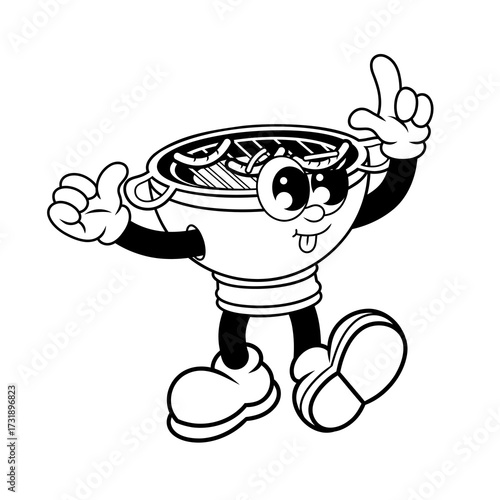 Retro character design of cute barbecue grill outline