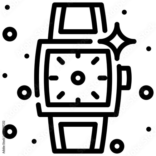 Watch outline icon showcases a stylish wristwatch surrounded by shimmering dots and a star.