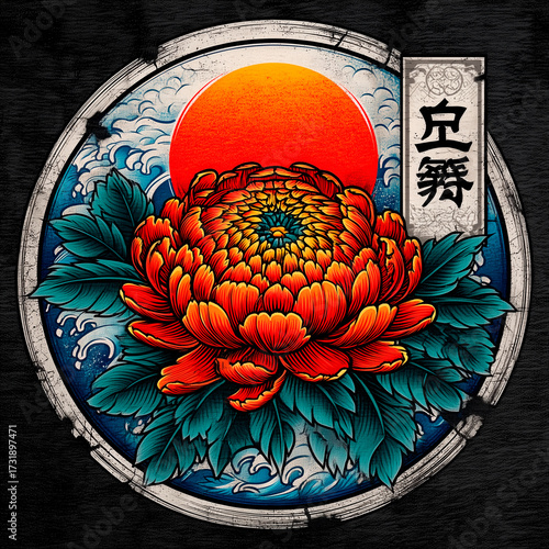 Japanese Inspired Chrysanthemum Flower with Red Sun – Traditional Tattoo Style Circular Illustration