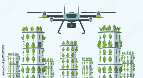 Drone Flying Over Vertical Farms in Futuristic City.