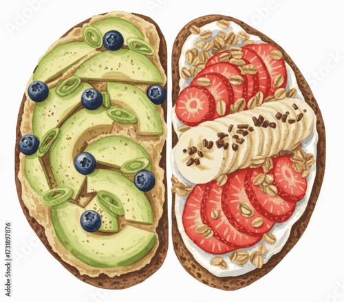 Creamy & Crimson Avocado Banana Strawberry Toast isolated watercolor vector illustration svg