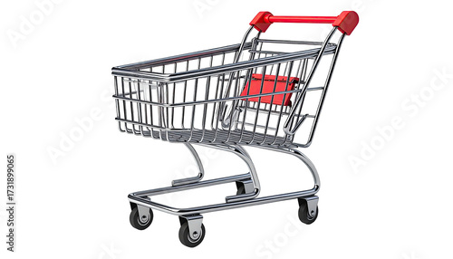 A shiny metallic shopping cart with a red handle and cart interior on a black background
