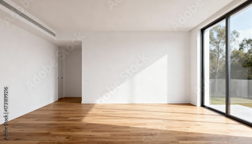 Wallpaper Mural Minimalist empty room with oak floor and floor to ceiling glass doors in natural daylight 
 Torontodigital.ca