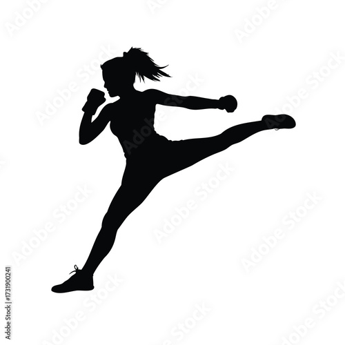 Silhouette of a female martial artist delivering a powerful side kick, a woman kickboxing silhouette vector illustration
