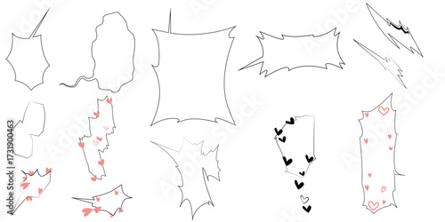 A hand-drawn vector asset collection of manga style speech bubbles, dialogue boxes, and comic book effects with hearts
