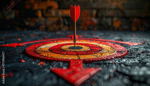 Red Arrow Hitting Target on Dark Textured Background Success Goal Achievement Precise Aiming Direct Hit Focused Strategy High Contrast Shot