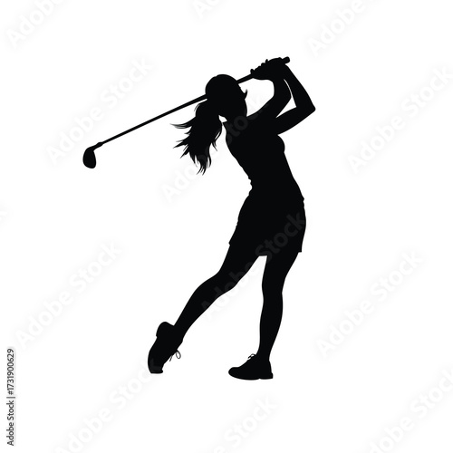 Silhouette of a female golfer swinging a golf club in monochrome style art, a woman playing golf silhouette vector illustration