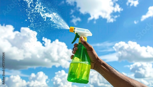 Hand spraying refreshing water mist into a bright blue sky with fluffy clouds.