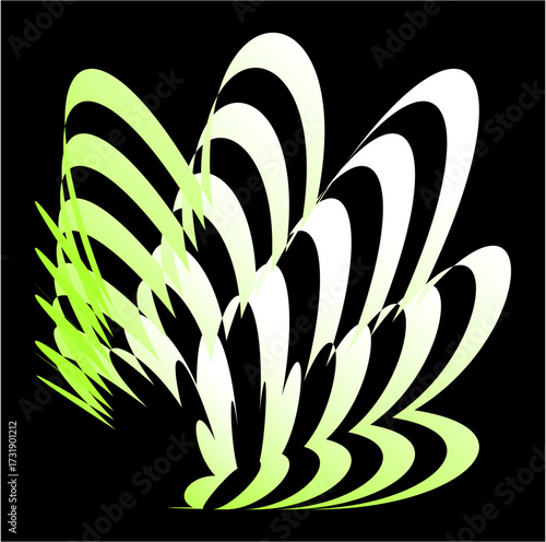 Glowing arcs unfold gracefully like luminous wings, blending lime green and white against darkness, forming radiant echoes of symmetry, movement, and transformation.