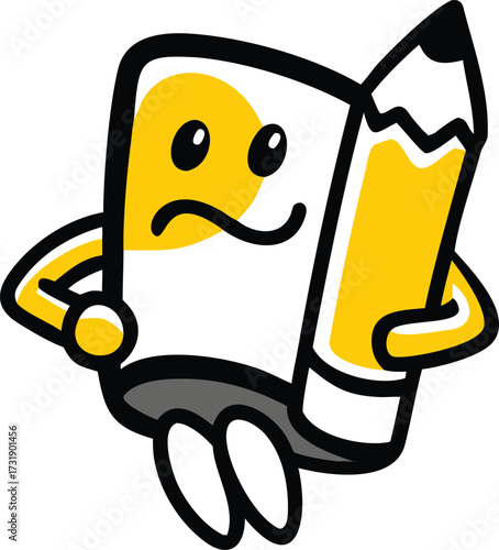 A cartoon pencil with a frown holds a pencil, illustrating a humorous yet sorrowful character in a playful design.