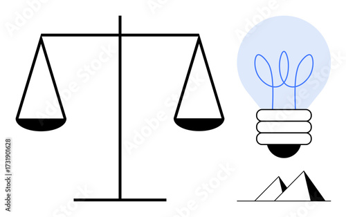 Balance scale symbolizes justice, light bulb with plant signifies innovation and growth, pyramids hint stability. Ideal for law, innovation, sustainability, education, growth justice ethics. Simple