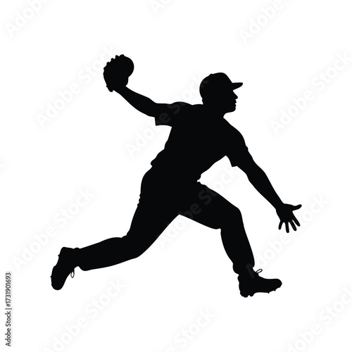 Silhouette of a baseball pitcher in the windup, preparing to throw ball, baseball player making catch silhouette vector illustration