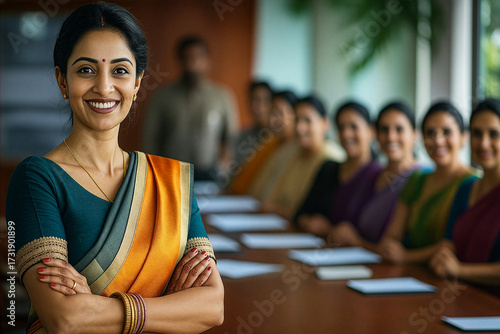 Confident Indian Businesswoman in Traditional Saree at Office
