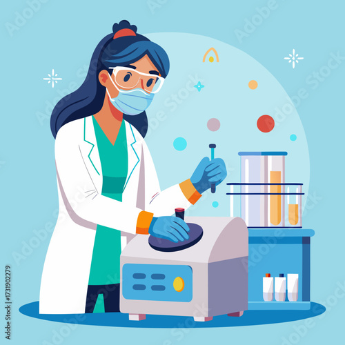 Female Scientist Using Centrifuge Machine – Laboratory Diagnostics Vector Illustration