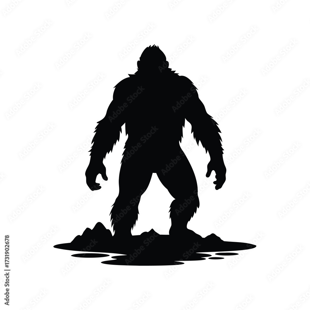 Fototapeta premium Silhouette of a Mysterious Creature Exploring Swampy Terrain Under Darkness, bigfoot standing rocky terrain silhouette vector illustration