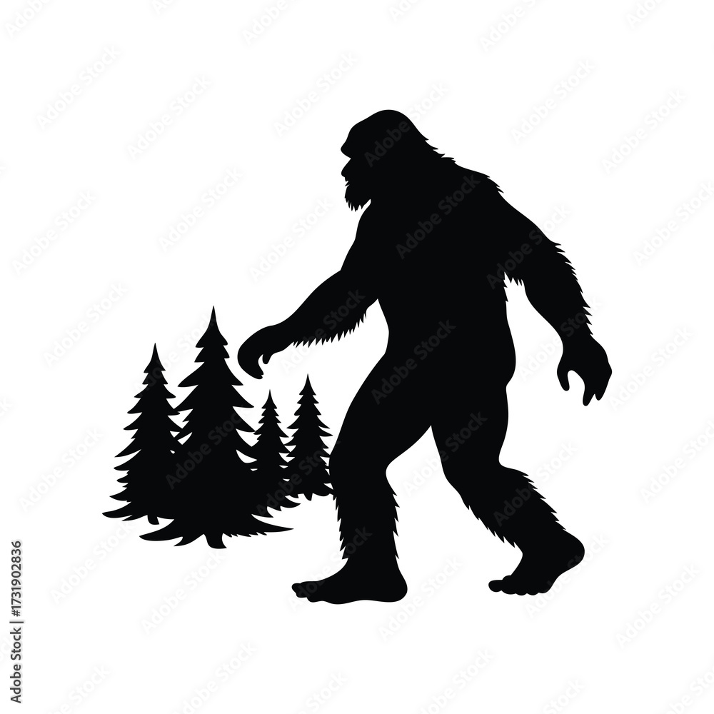Fototapeta premium Silhouette of Bigfoot Walking Through Forest Clearing on White Background Illustration, bigfoot walking through forest silhouette vector illustration