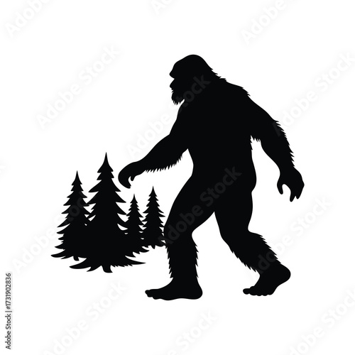 Silhouette of Bigfoot Walking Through Forest Clearing on White Background Illustration, bigfoot walking through forest silhouette vector illustration