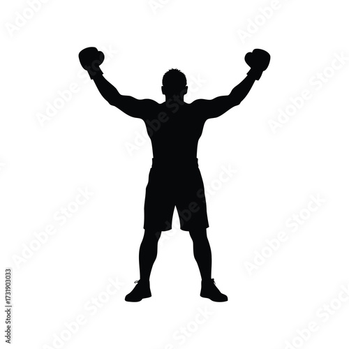 Silhouette of a triumphant boxer with his arms raised in victory, boxer celebrating victory silhouette vector illustration