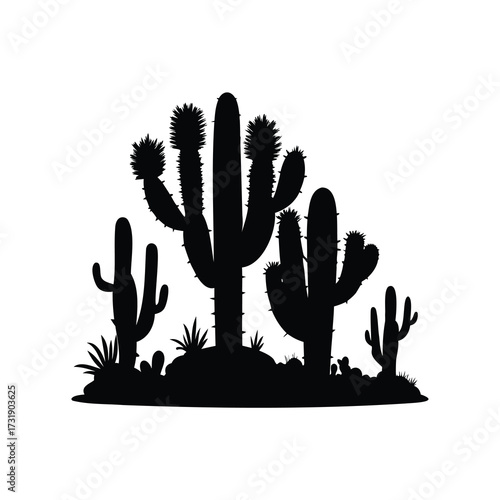 Silhouette illustration of different types of cacti in the American Southwest desert, cactus garden silhouette vector illustration