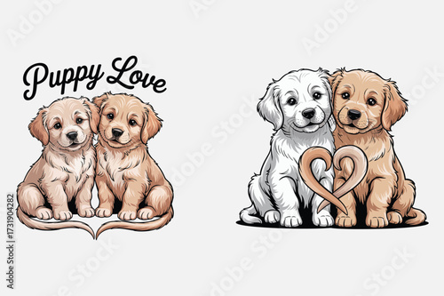 Adorable puppies forming heart shape dogs golden retriever