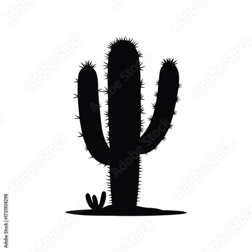 Black Silhouette of a Large Cactus with Prickles and Small Plants at Base, cactus shadow silhouette vector illustration