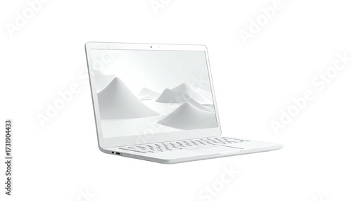 A modern, white laptop is angled with a mountain range wallpaper