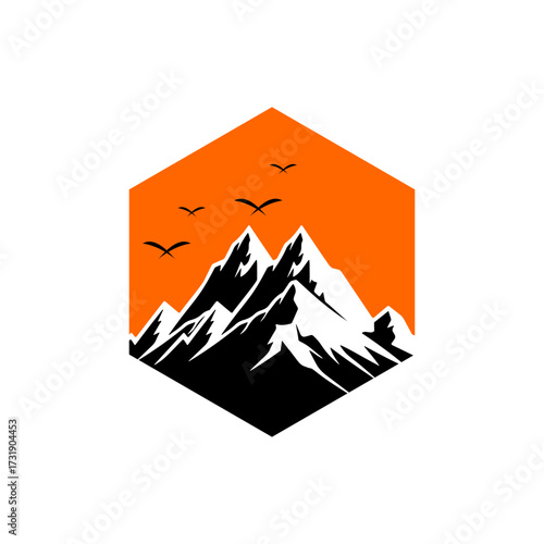 A graphic logo of a snow-capped mountain range with flying birds inside an orange hexagon.