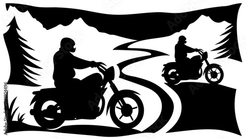 Silhouette of two motorcyclists riding on a winding road with mountains and trees in the background scenery