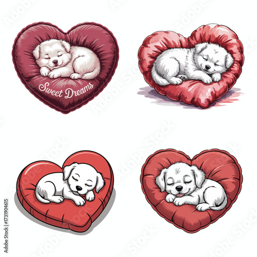 Sleeping puppies on heart pillows puppy napping