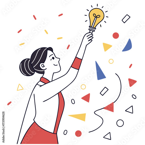 Woman celebrates bright new idea with lightbulb, a symbol of innovation and creativity in a dynamic, modern design