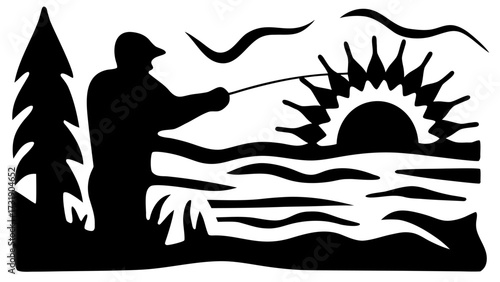 Silhouette of a fisherman casting a line by a tree and water with a rising sun in the background