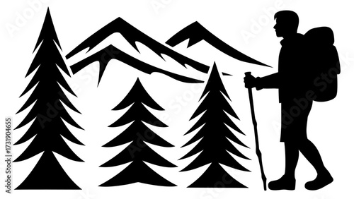 Silhouette of a hiker with backpack and trekking pole in a mountain and forest landscape scene vector