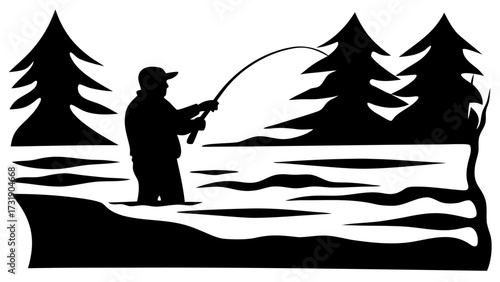 Silhouette of a fisherman casting a line in water with trees in the background in black and white style