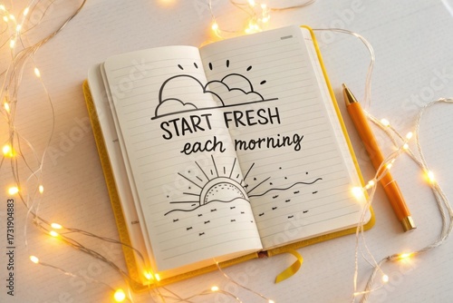 Open notebook displaying encouraging quote with sunrise doodle