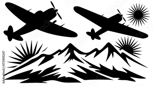 Silhouette of two airplanes flying over a mountain range with sunbursts in a black and white design