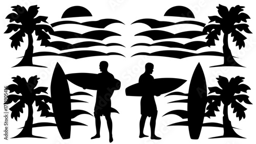 Silhouette of tropical beach scene with surfers palm trees and surfboards symmetrical design on white