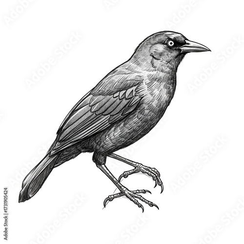 Detailed Black and White Sketch of a Grackle or Similar Bird Perched, Avian Wildlife Illustration

