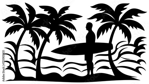 Silhouette of a surfer with surfboard standing between palm trees near the ocean on a tropical beach scene