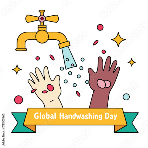 Diverse hands enthusiastically washing under running water celebrating Global Handwashing Day with sparkling effects