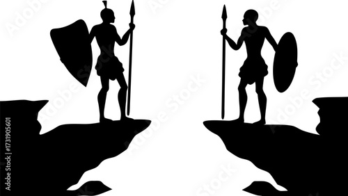 Silhouette of two warriors standing on cliffs facing each other with shields and spears in black and white
