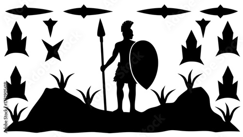 Silhouette of a spartan warrior with spear and shield standing on a hill with decorative elements around