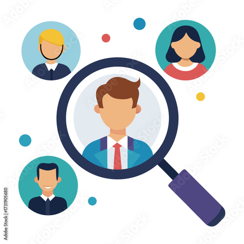 Job Search and Recruitment Icon with Magnifying Glass Inspecting People