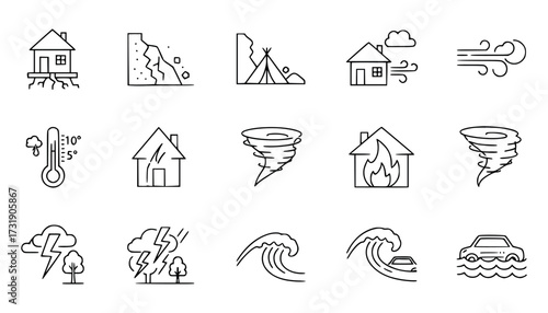 Vector art of collection of disaster icons including earthquake, landslide, storm, flood, wildfire, tornado, hurricane, and tsunami
