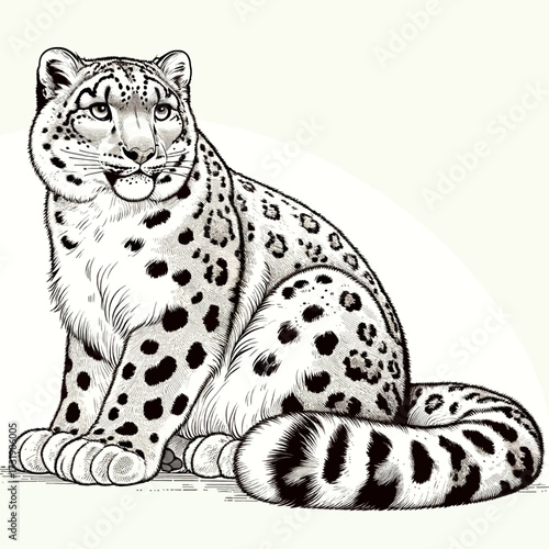Elegant Black and White Sketch of a Snow Leopard Sitting, Detailed Wildlife Illustration with Spot Patterns
